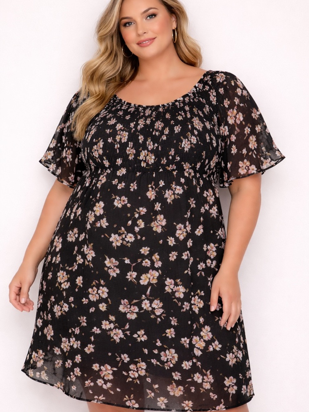 Penningtons Black Floral Dress | Plus Size Flowy Smocked Neck Flutter Sleeve